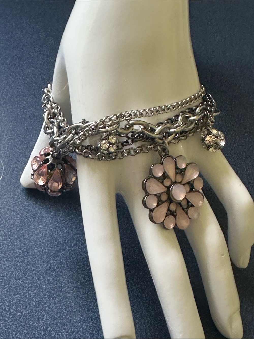 SIMPLY VERA VERA WANG Silver-Tone Curb Chain Pink Floral Charms & Rhinestone